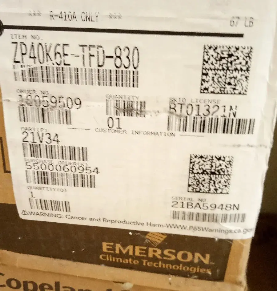 Copeland Zp40k6e-Tfd-830 Scroll Compressor 39,200 Btu 460V 3Ph R-410A 1